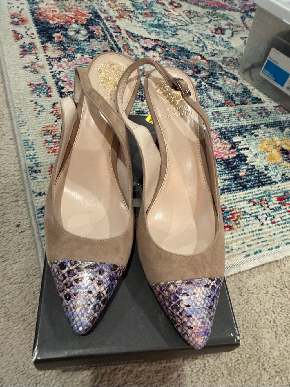 Vince Camuto Taupe Suede Slingback Pumps with Purple Snakeskin Pointed Toe